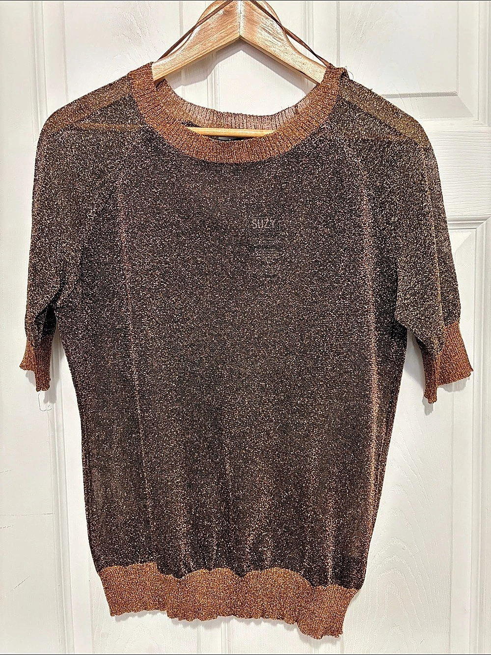 NWT Suzy Shier Metallic Short Sleeve Top in Copper